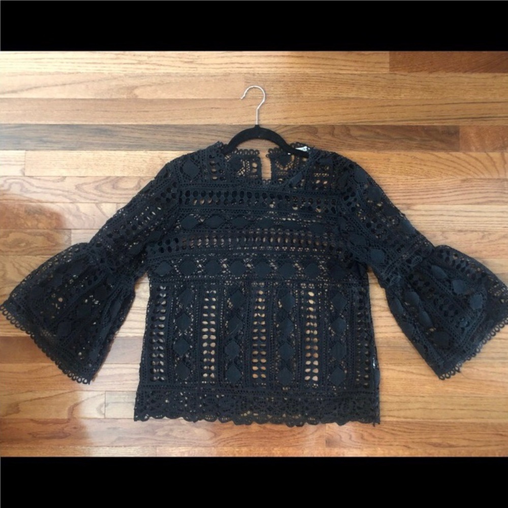 Anthropologie ELLISON Elegant Black Lace Bell Sleeve Top Sz Large - Picture 2 of 8